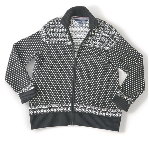 Tommy Hilfiger Other - Tommy Hilfiger Men's Sweater Sz XL Zip Up Black White Graphic Print Wool Blend
